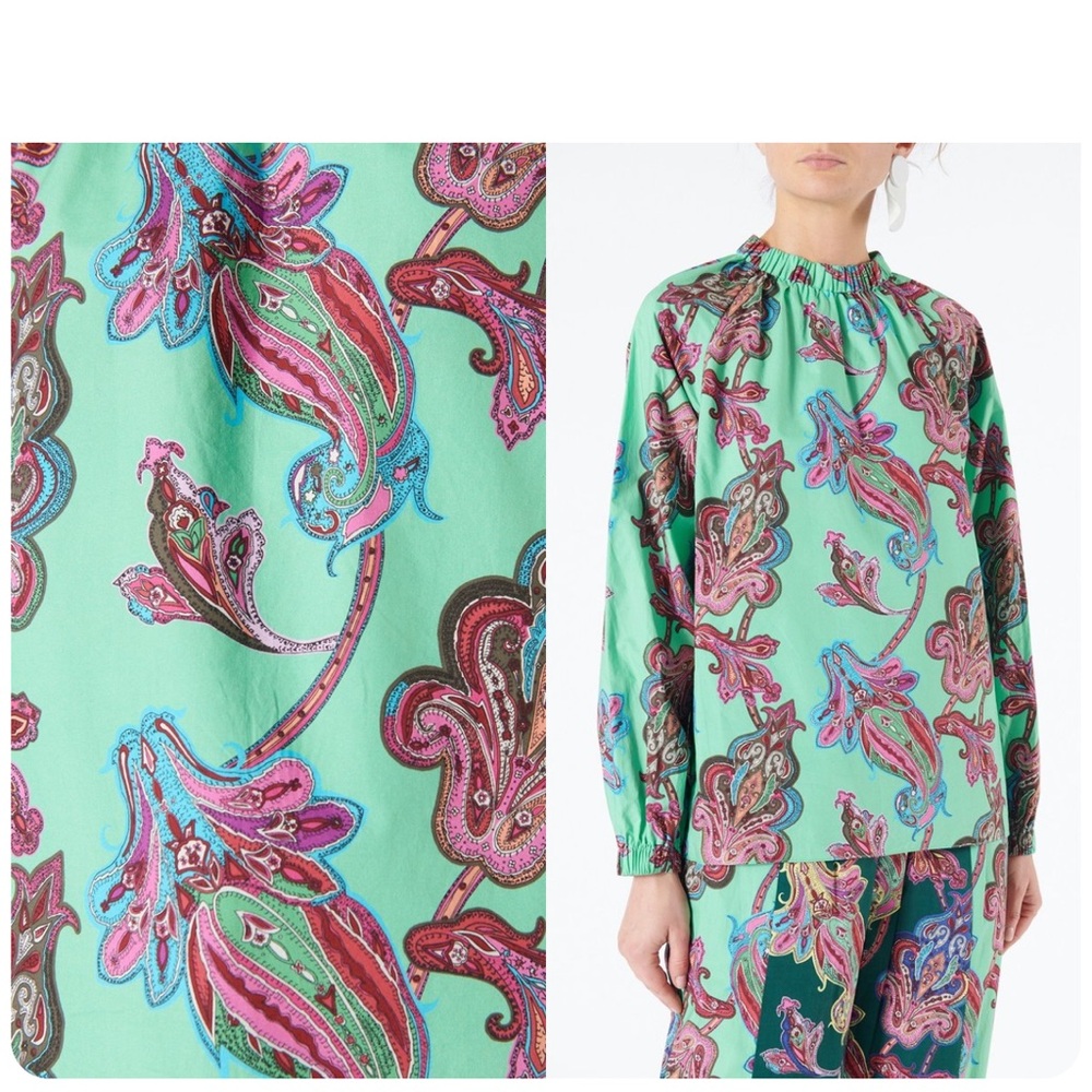 Tibi Paisley Print Blouse in Green and Pink